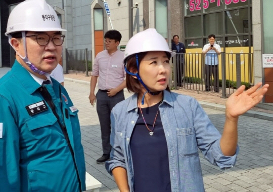 나경원(오른쪽) 국민의힘 전 의원은 지난 9월23일 페이스북을 통해 서울 동작구 사당5동 롯데캐슬 골든포레 앞 육교 및 버스정류장 설치 등 주민 숙원사업을 챙겼다고 전했다. 왼쪽은 박일하 동작구청장.<나경원 전 국회의원 페이스북 사진>